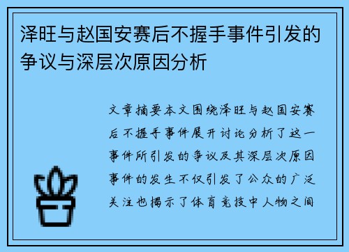泽旺与赵国安赛后不握手事件引发的争议与深层次原因分析