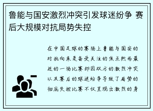 鲁能与国安激烈冲突引发球迷纷争 赛后大规模对抗局势失控